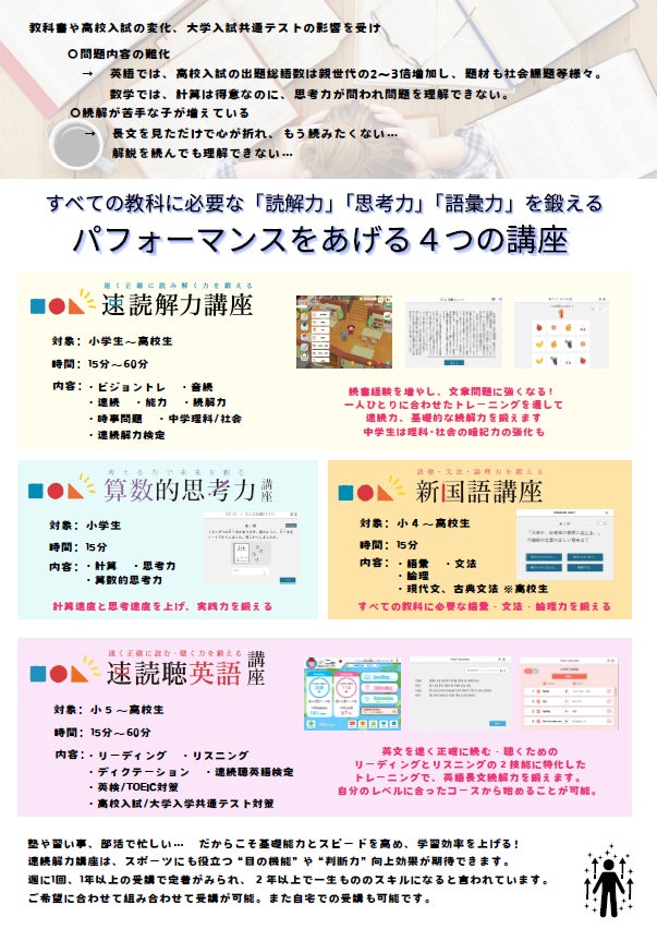 キッズプログラミング教室OKATOMOの一生モノのチカラを身につける「速読解講座」「速読聴英語講座」「算数的思考力講座」「新国語講座」の写真