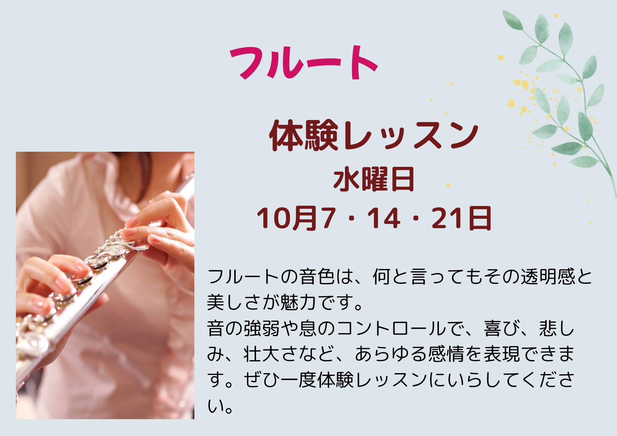 フルート10月度無料体験レッスンのご案内の写真