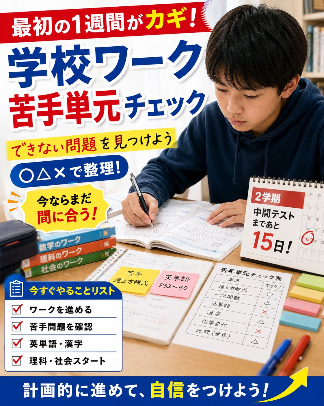 最初の1週間でやるべきこと～学校ワークと苦手単元の確認～の写真