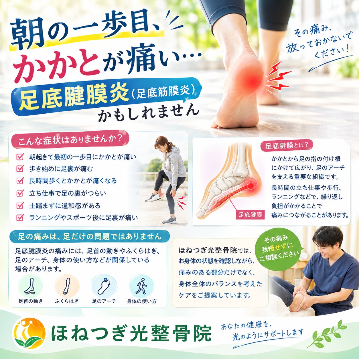 足の裏、かかとの痛みにお悩みの方へ🦶「朝の一歩目、かかとが痛い…」 それ、足底腱膜炎かもしれませんの写真
