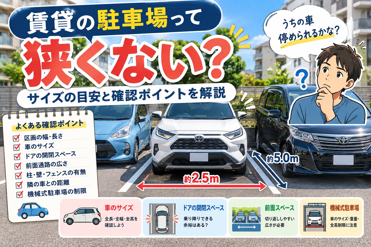 賃貸の駐車場って狭くない？区画サイズと内見時のチェックポイントの写真