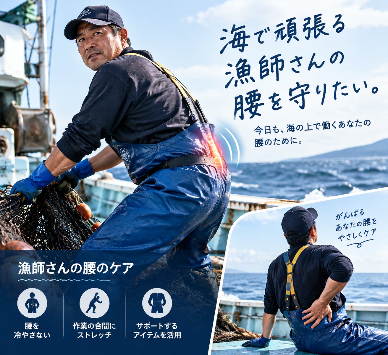 海の仕事で腰がつらい方への写真