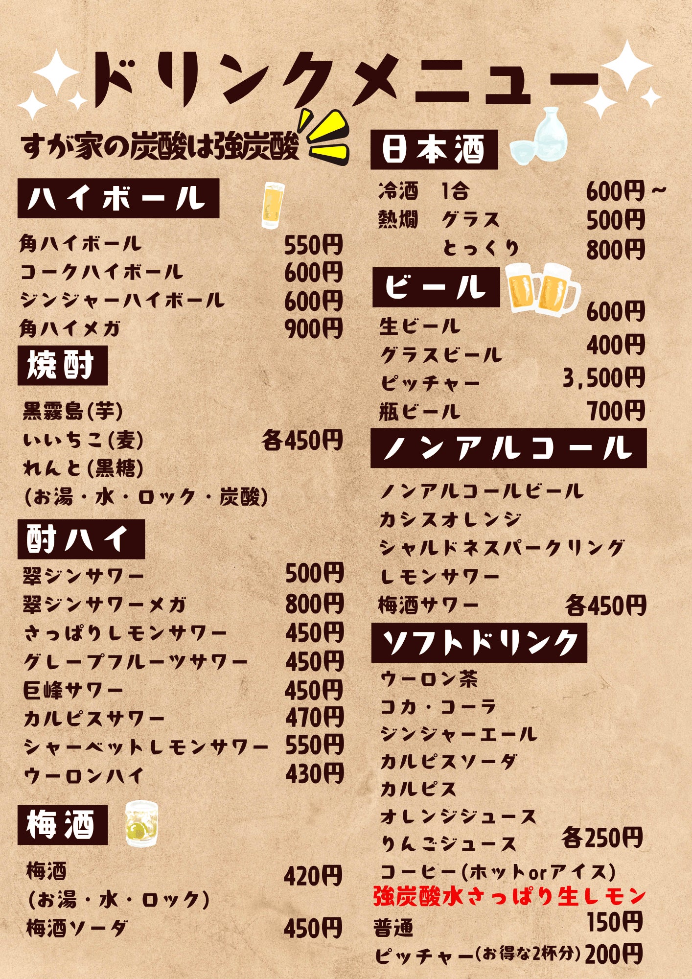 すが家のドリンクメニューの写真