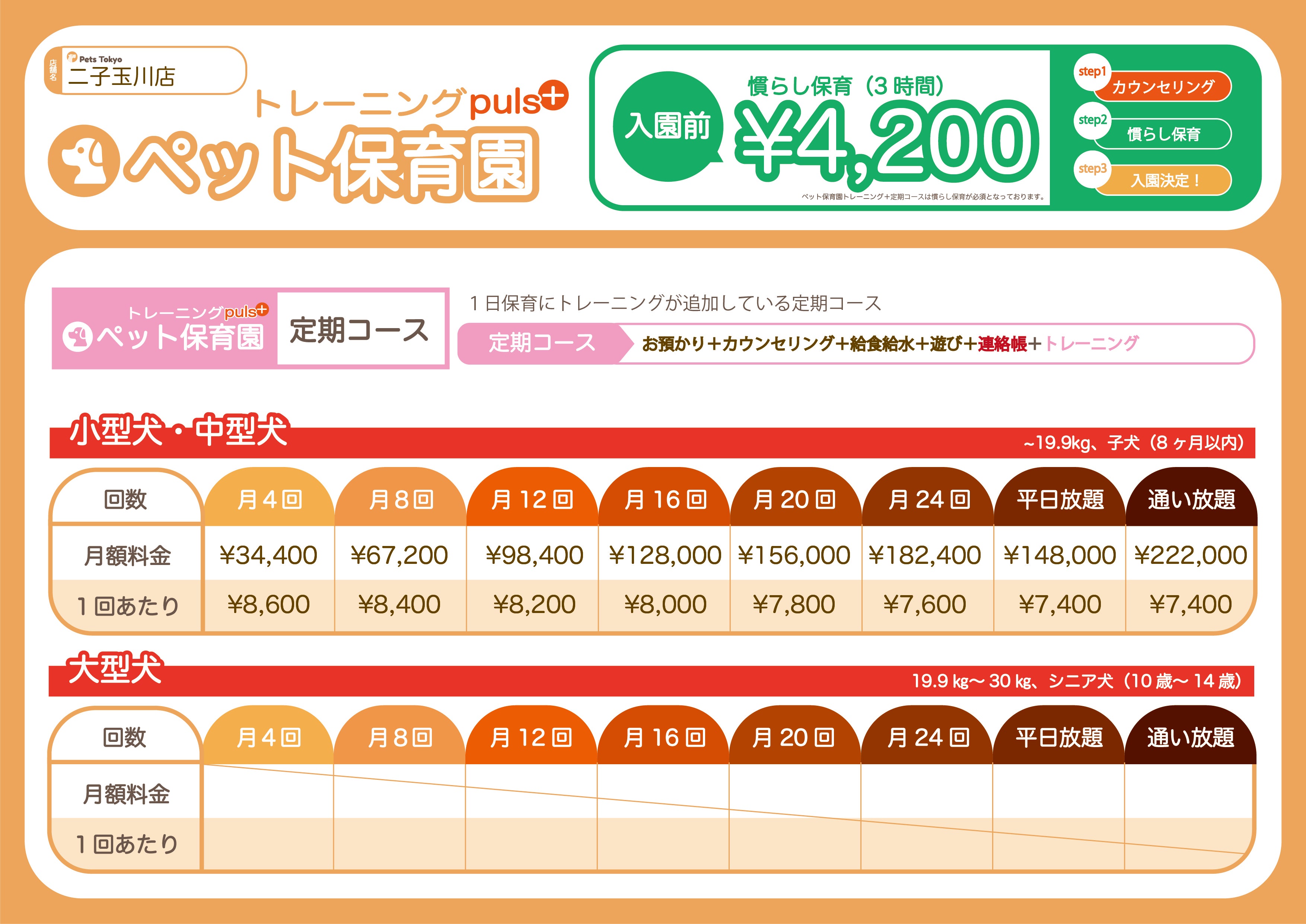 Pets Tokyo 二子玉川店のPets Tokyo二子玉川店【ペット保育園トレーニングplus料金表】の写真
