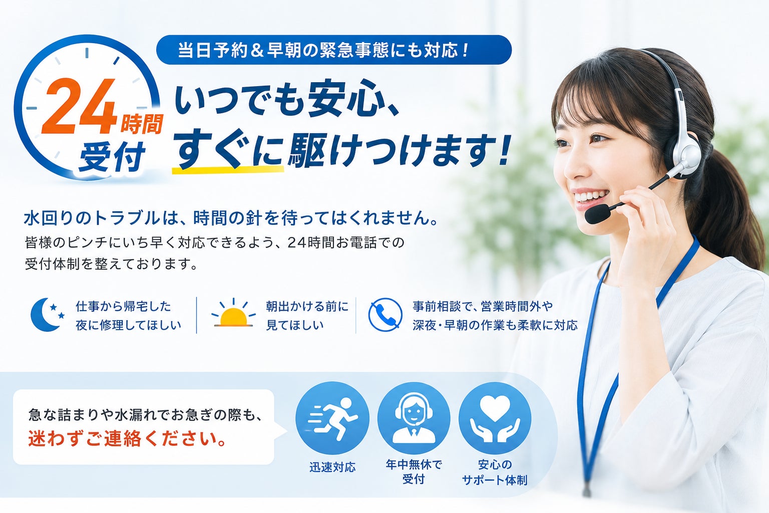 24時間受付＆当日予約OK！夜間や早朝の緊急事態にも並走の写真