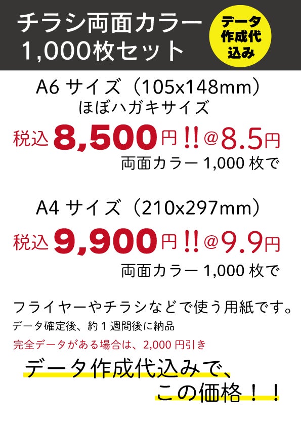 広島市中区 激安名刺屋 佐々木屋のチラシ1000枚セット（データ作成代込み）A6サイズ他の写真