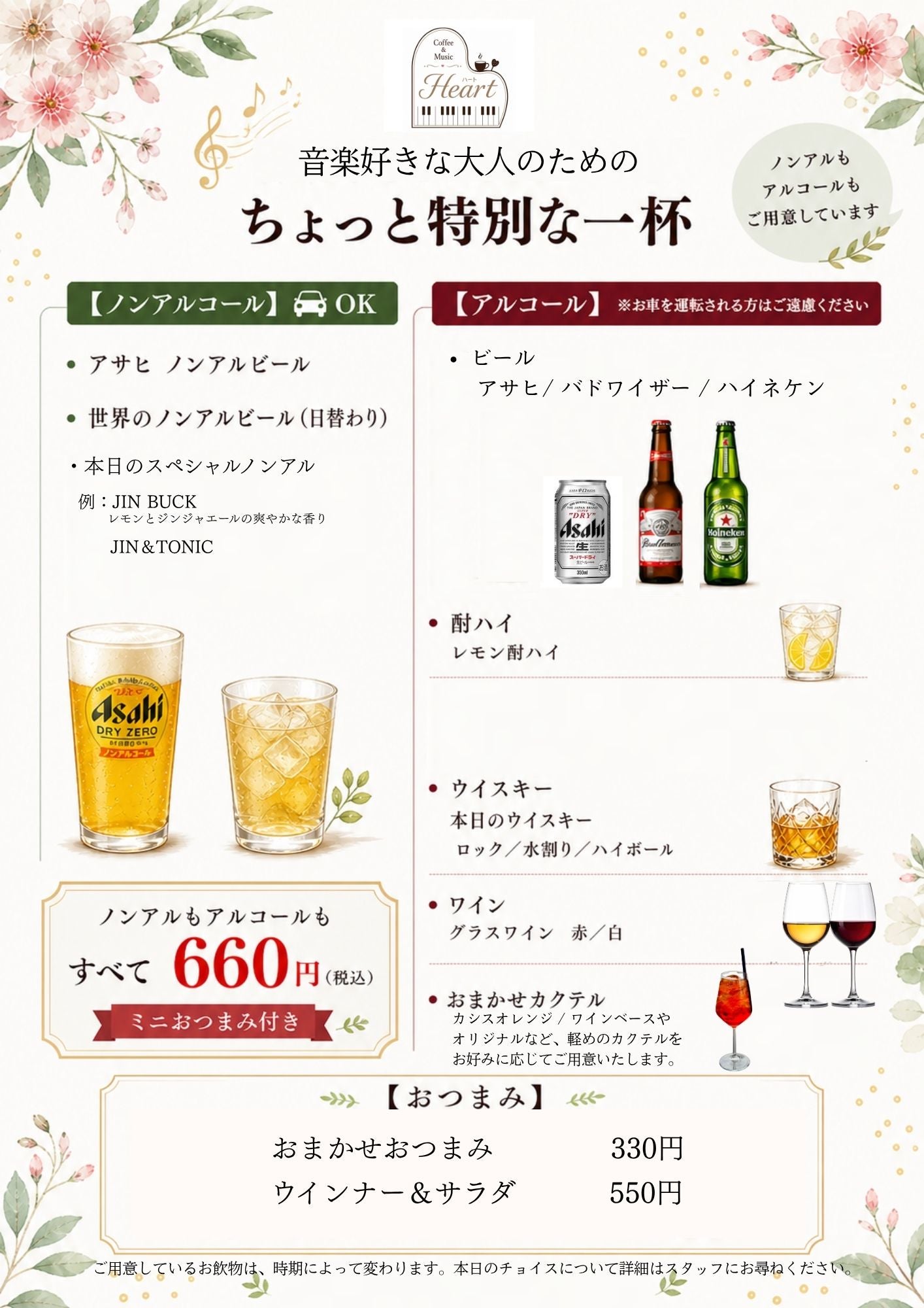 ハートのアルコールとノンアルコールの写真