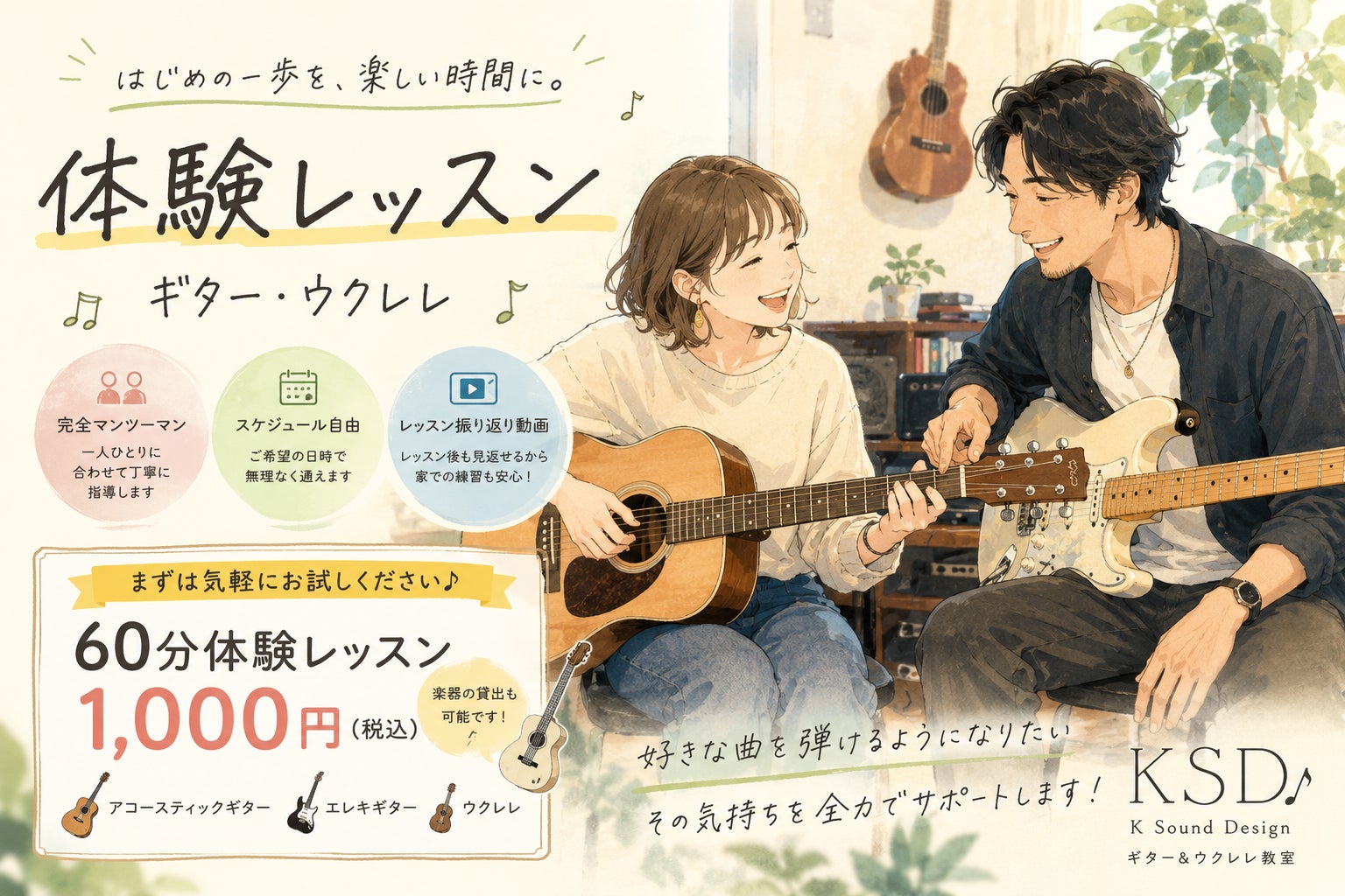 K Sound Design ギター＆ウクレレ教室の体験レッスン（楽器のレンタルも可能です）の写真