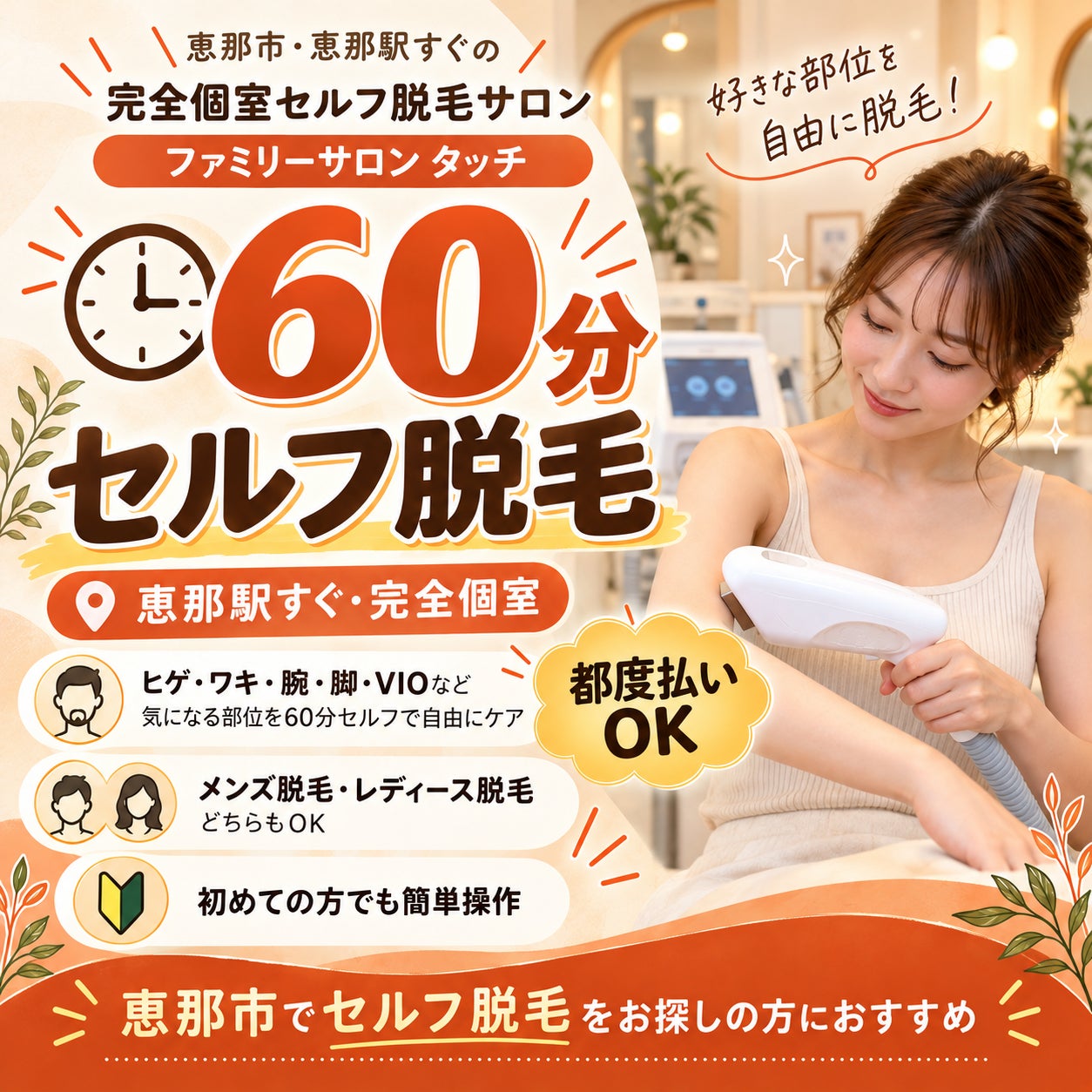 ファミリーサロンタッチの【60分セルフ脱毛】恵那駅すぐ・完全個室で気になる部位をまとめて脱毛の写真